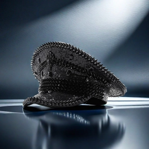 Dramatic spotlight view of black sequined captain hat with punk style silver rivets