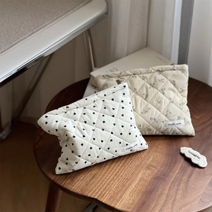 Quilted Corduroy Cosmetic Bag Heart Floral Print Padded Cotton Makeup Pouch Zipper Small Portable Travel Storage Organizer