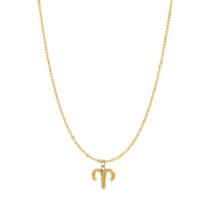 Macro detail of Aries zodiac pendant with micro-pave white crystals on gold chain