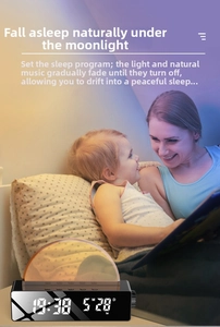 Sunrise wake-up light with LED clock showing a warm sunset simulation for bedtime reading