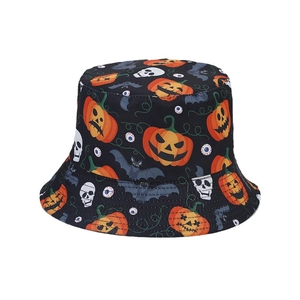 Reversible Halloween bucket hat with pumpkin, skull, and bat patterns on black canvas