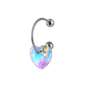 Polished stainless steel C-bar heart crystal piercing earring with AB iridescent finish