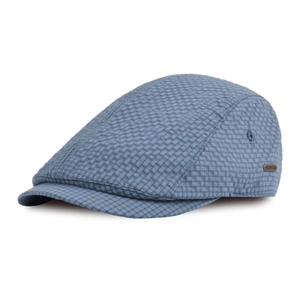 Breathable grey-blue flat cap with textured grid fabric and side metal emblem detail