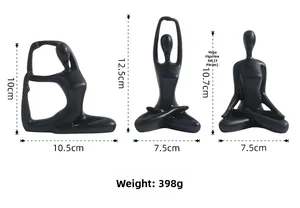 Detailed size chart for black yoga pose figurine set showing height and width dimensions