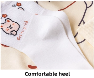 Detail showing the comfortable heel design and bear embroidery on white cotton socks