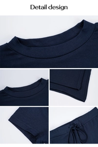 Detailed views of navy blue casual set showing ribbed neckline and drawstring waist