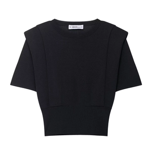 Slim fit black short sleeve knit top with padded shoulders and structured silhouette