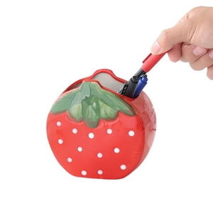 Cute red strawberry ceramic pen holder for desk organizer and makeup brush storage