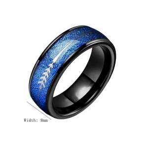 8mm black and blue titanium steel ring for men with meteorite texture and arrow pattern