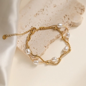 Double Layer Artificial Pearl Bracelet For Women Gold Plated Stainless Steel Layered Beaded Chain Elegant Ins Style Jewelry