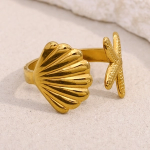 18K gold-plated stainless steel starfish and seashell open adjustable ring for women