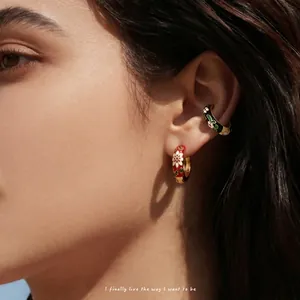Bohemian Flower Enamel Hoop Earrings 18K Gold Plated Stainless Steel Vintage Floral Huggie Jewelry For Women