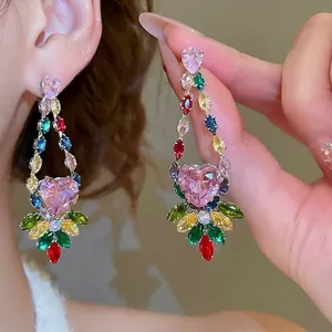 Elegant multi-color zircon heart drop earrings with luxury crystals for women