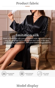 Detail of black imitation silk bathrobe featuring five satin weave for smooth texture