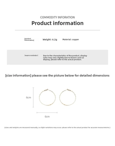 Size chart showing large 6cm gold hoop earrings made of copper weighing 6.2g each