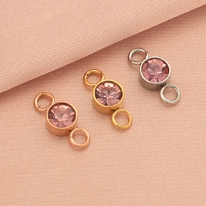 Three-color stainless steel birthstone connector pendants with pink crystals for DIY jewelry