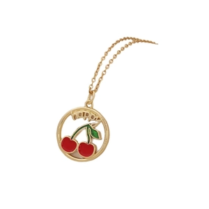 Cute golden cherry necklace with happy lettering on white background for women