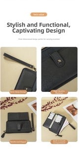 Detail view of long black leather wallet showing card slots and sturdy metal zipper