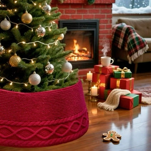 Detail der roten gestrickten Weihnachtsbaumdecke mit gemütlicher Zopfstrickstruktur