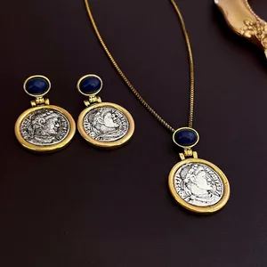 Vintage Round Coin Drop Earrings With 925 Sterling Silver Earring Post Blue Stone Portrait Relief Jewelry For Women