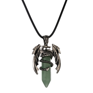 Gothic silver dragon pendant wrapping green hexagonal crystal stone on black cord