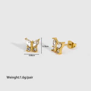 Detailed view of gold butterfly earrings with clear gems and size specifications