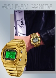 Detail of square gold digital sport watch with luminous screen and metal band