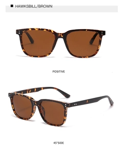 Detail view of tortoiseshell square sunglasses with brown lenses from front and side angles