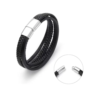 Men's multilayer black braided leather bracelet with polished silver magnetic clasp closure