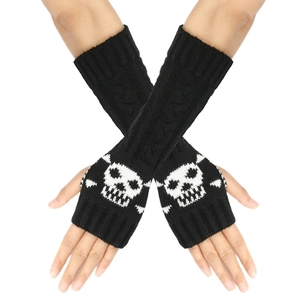 Knitted fingerless skull gloves with white bone pattern on black acrylic arm warmers