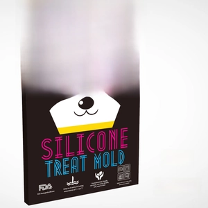 Silicone treat mold packaging showing FDA food grade material and temperature durability