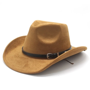 Close-up of wide brim tan suede cowboy hat with black leather band and silver buckle