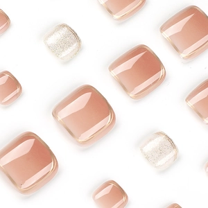 Nude-Rosa Press-On Zehennägel mit Goldrand und silbernen Glitzer-Kunstnägeln