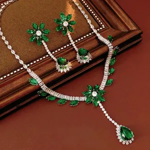 Flower Copper Necklace And Earrings Jewelry With Emerald Green Zircon Teardrop Pendant Vintage Luxury For Women Party