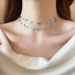 Detail of double-layer choker with turquoise square beads on invisible thread