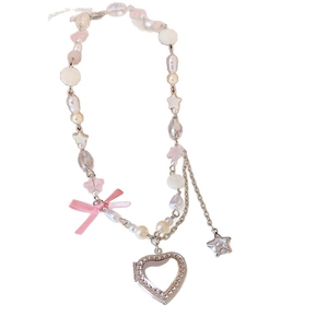 Star and heart beaded necklace with pink bow pendant and elegant pearls for women