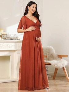 Elegant V-neck rust red long tulle maternity evening gown with short sleeves for women