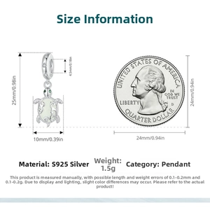 Detailed size chart of S925 sterling silver luminous turtle charm with 25mm height