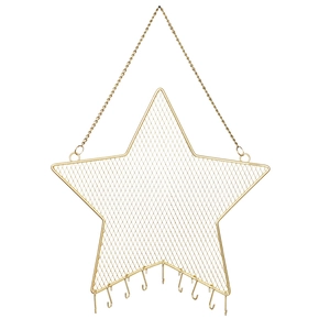 Star shaped gold metal mesh wall jewelry organizer with 10 hooks and hanging chain