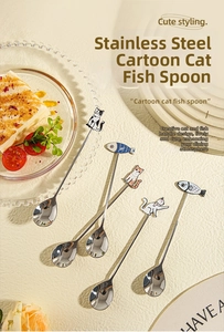 Detail of stainless steel cat and fish shaped long handle coffee and dessert spoons
