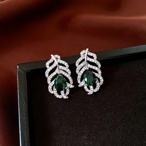 Leaf Feather Stud Earrings Copper With Pear Cut Green Zircon And 925 Sterling Silver Earring Post Vintage Luxury Jewelry