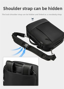 Detail of the hidden shoulder straps and versatile convertible design of the black laptop bag