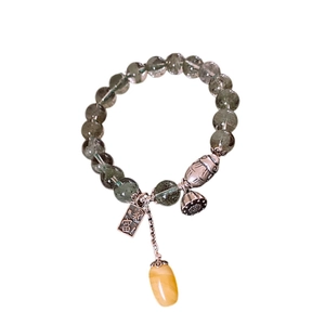 S925 silver beaded bracelet with green phantom quartz and engraved lotus pod pendant