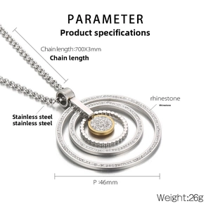 Detailed technical diagram showing 700mm chain length and 46mm rhinestone pendant
