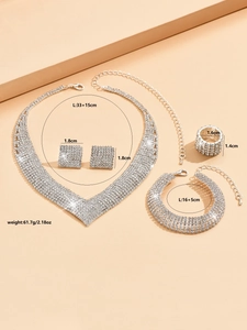 Detailed view of silver bridal jewelry set dimensions including V-necklace and bracelet