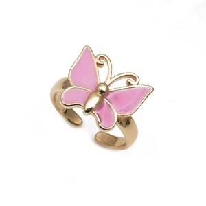 Pink enamel butterfly open ring in gold finish, adjustable minimalist finger jewelry