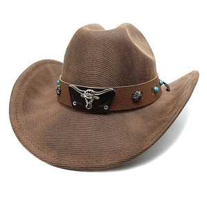Classic dark brown cowboy hat with wide brim and silver bull head leather band