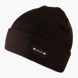 Close-up of ribbed dark brown knit beanie featuring a SPORT patch with metal rivets