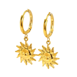 Vintage 18K gold-plated titanium steel earrings with sun and moon face charms