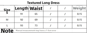 Detailed size chart for V-neck textured maxi skirt including length and waist measurements